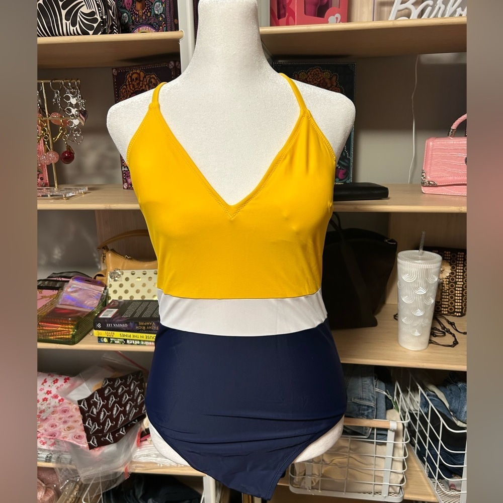 Cupshe Yellow and Navy Colorblock Swimsuit size medium